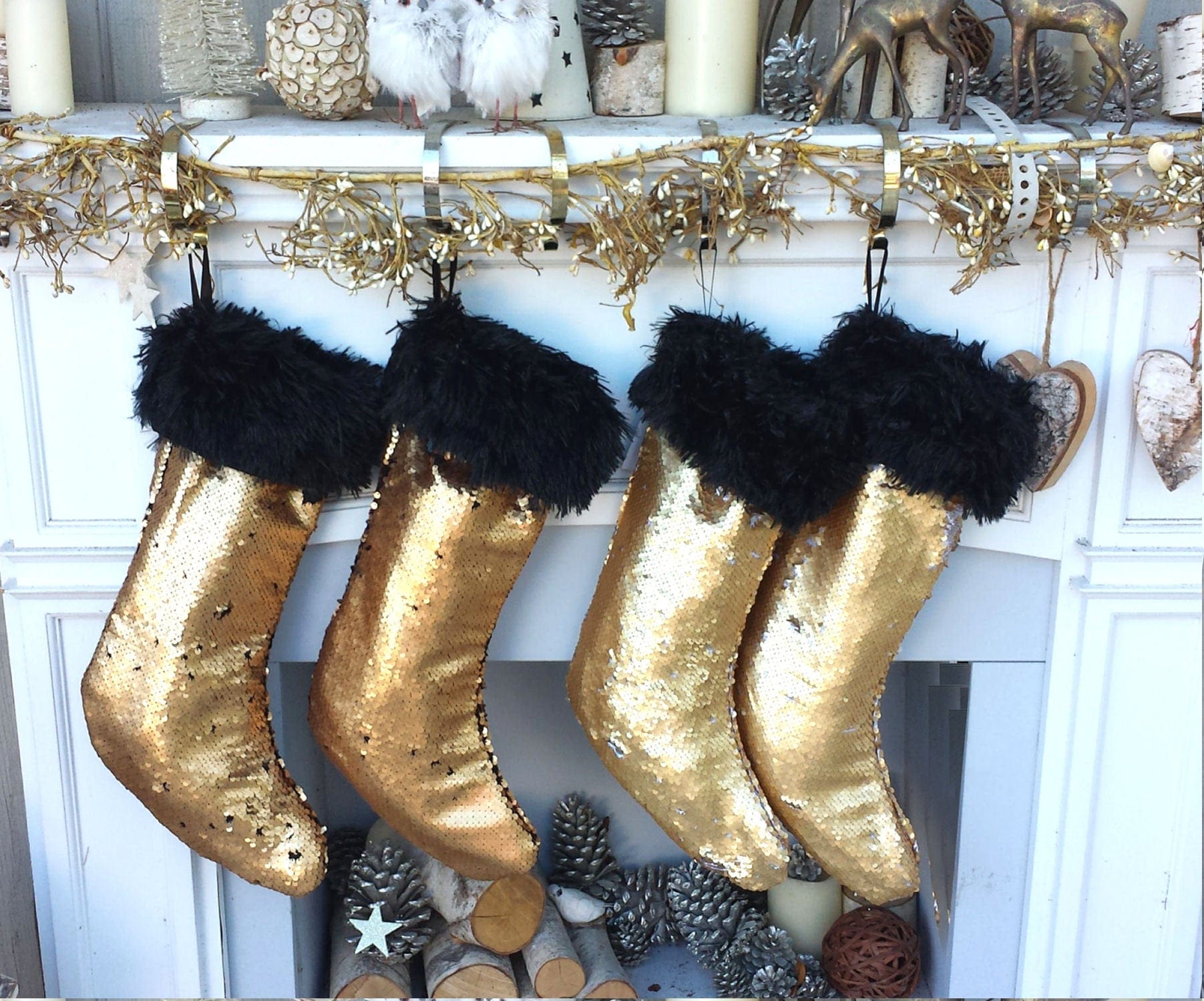 CHRISTMAS STOCKINGS Gold Sequin Glamour & Glitz Bling Christmas Stocking - Gold to Black or Gold to Silver Reversible Sequins Christmas Decor