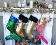 CHRISTMAS STOCKINGS Gold Sequin Glamour & Glitz Bling Christmas Stocking - Gold to Black or Gold to Silver Reversible Sequins Christmas Decor