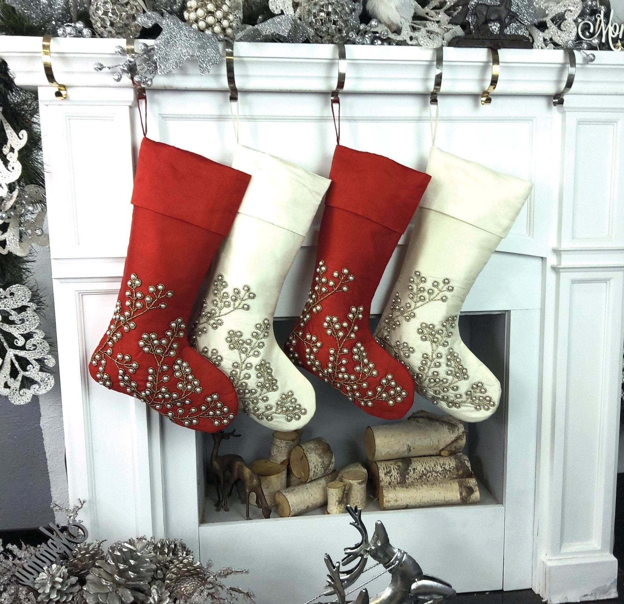 CHRISTMAS STOCKINGS Gorgeous Pearl Beads Personalized Christmas Stockings Ivory Dark Red 21"  Gorgeous Beaded Holiday Stocking Embroidered Names Modern Elegant