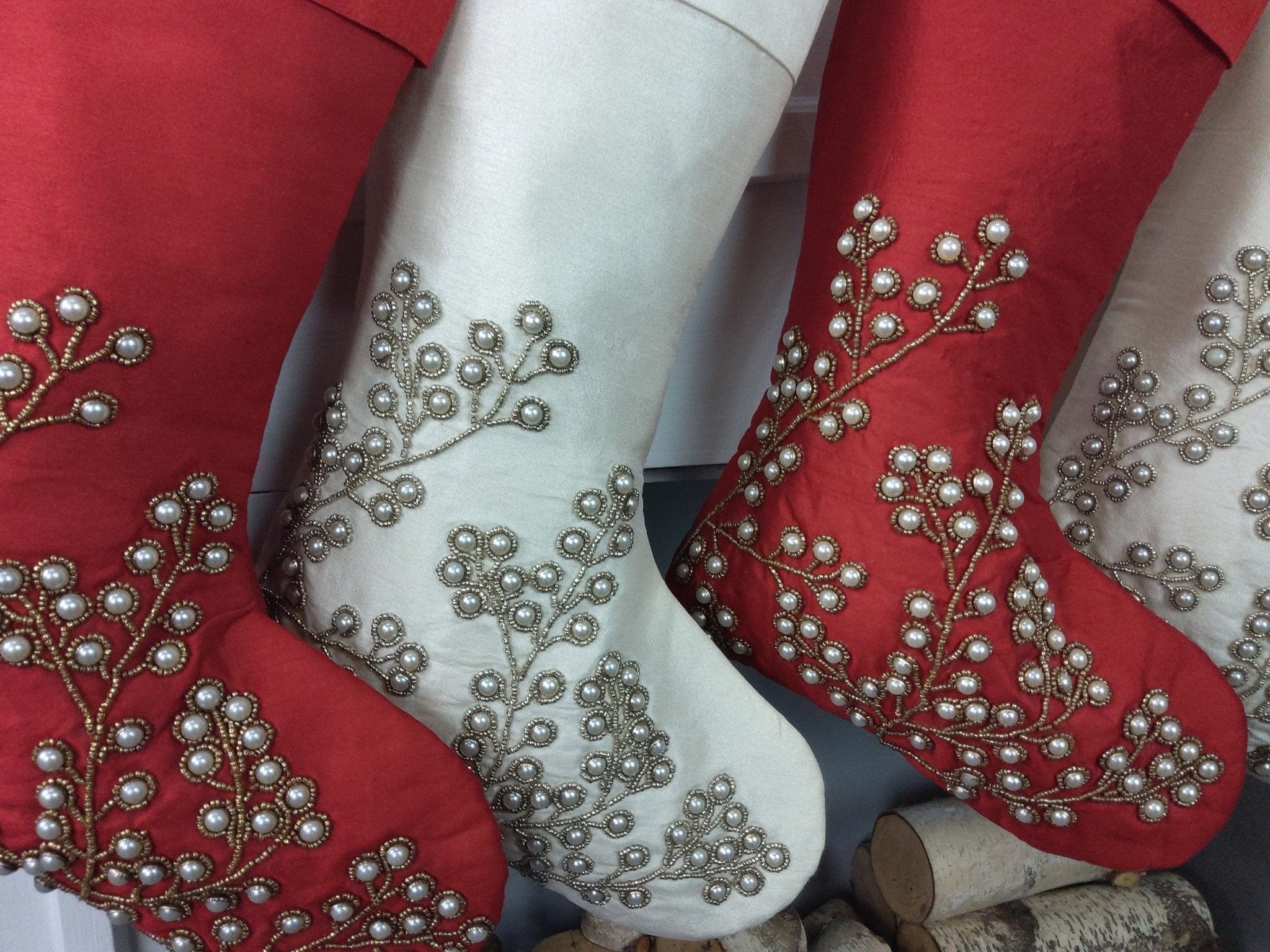 CHRISTMAS STOCKINGS Gorgeous Pearl Beads Personalized Christmas Stockings Ivory Dark Red 21"  Gorgeous Beaded Holiday Stocking Embroidered Names Modern Elegant