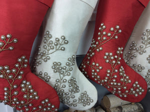 CHRISTMAS STOCKINGS Gorgeous Pearl Beads Personalized Christmas Stockings Ivory Dark Red 21"  Gorgeous Beaded Holiday Stocking Embroidered Names Modern Elegant