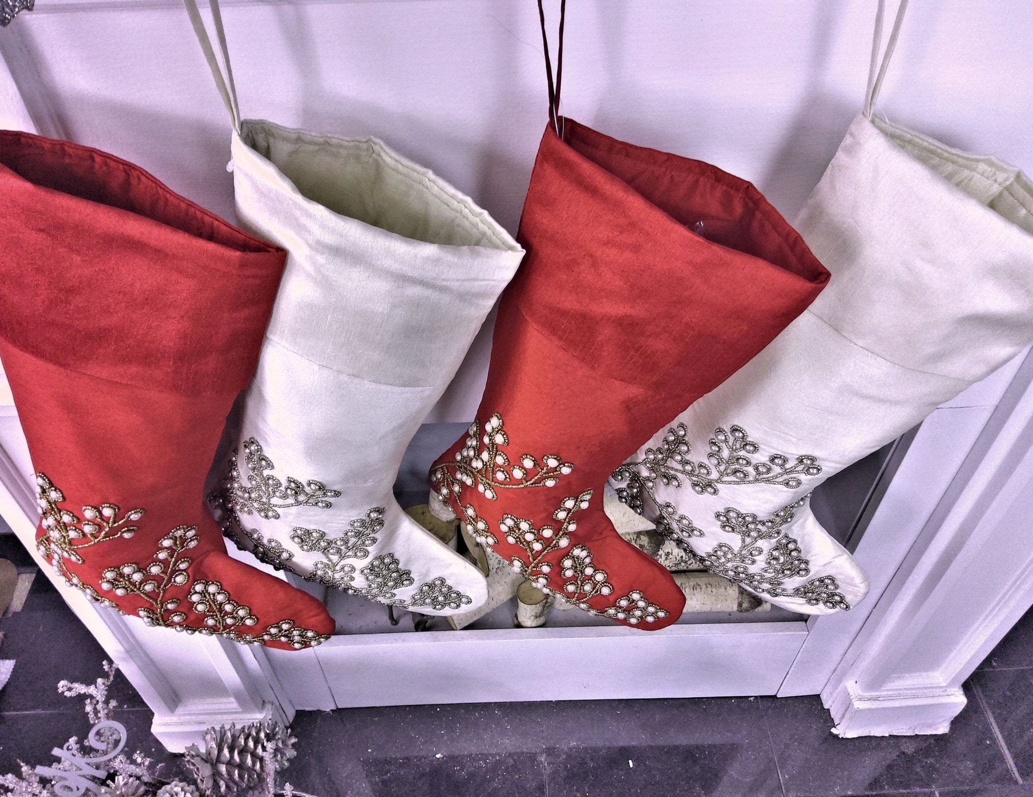 CHRISTMAS STOCKINGS Gorgeous Pearl Beads Personalized Christmas Stockings Ivory Dark Red 21"  Gorgeous Beaded Holiday Stocking Embroidered Names Modern Elegant