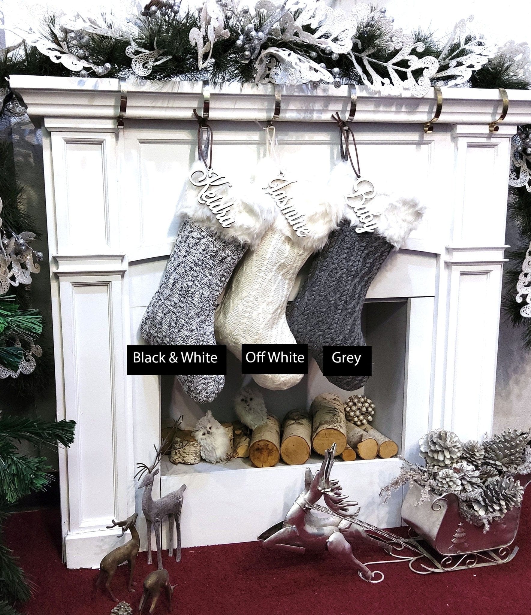 CHRISTMAS STOCKINGS Grey Off White Cable Knit Christmas Stockings with Faux Fur Cuff Personalized with Cutout Wood Name Tag Custom Family Holiday 2022