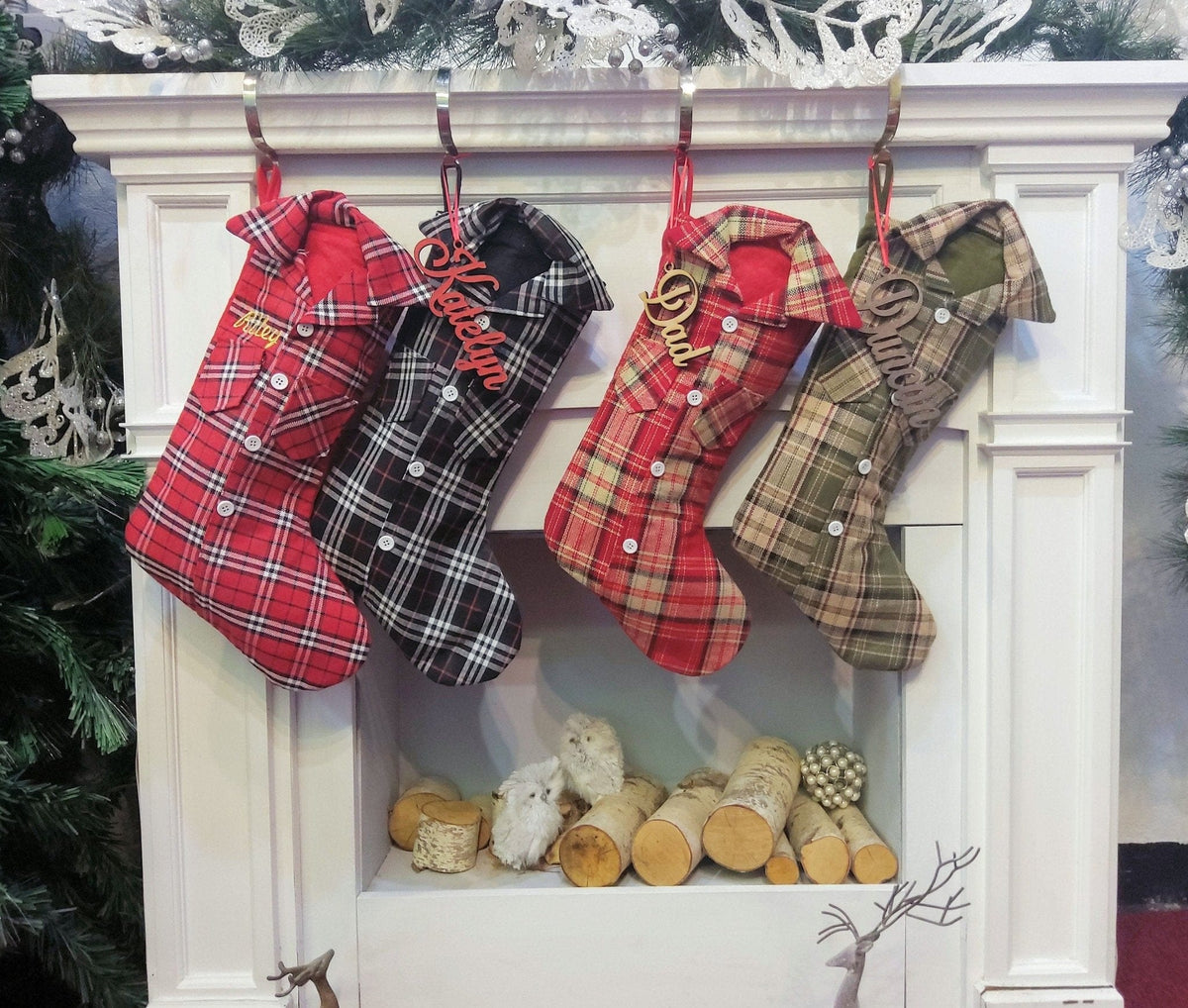 CHRISTMAS STOCKINGS Guy Shirt Plaid Red White Brown Green Personalized Christmas Stockings  for Dad, Grandpa or Son Xmas 2020 Country Western Fun