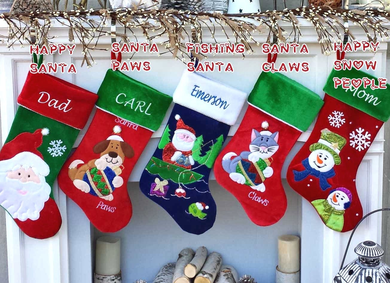 CHRISTMAS STOCKINGS Happy Snowman Embroidered Christmas Stockings - Santa Personalized, Monogram Name Personalized Stockings for Kids Festive Red White Green