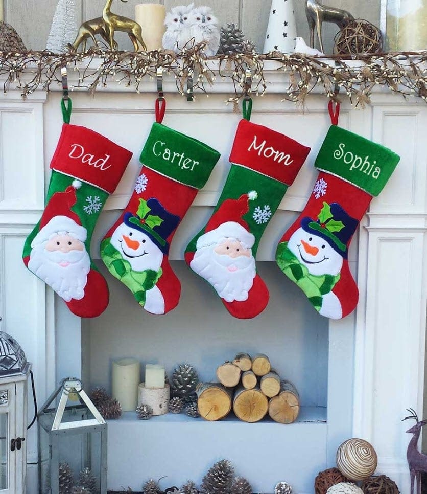 CHRISTMAS STOCKINGS Happy Snowman Embroidered Christmas Stockings - Santa Personalized, Monogram Name Personalized Stockings for Kids Festive Red White Green