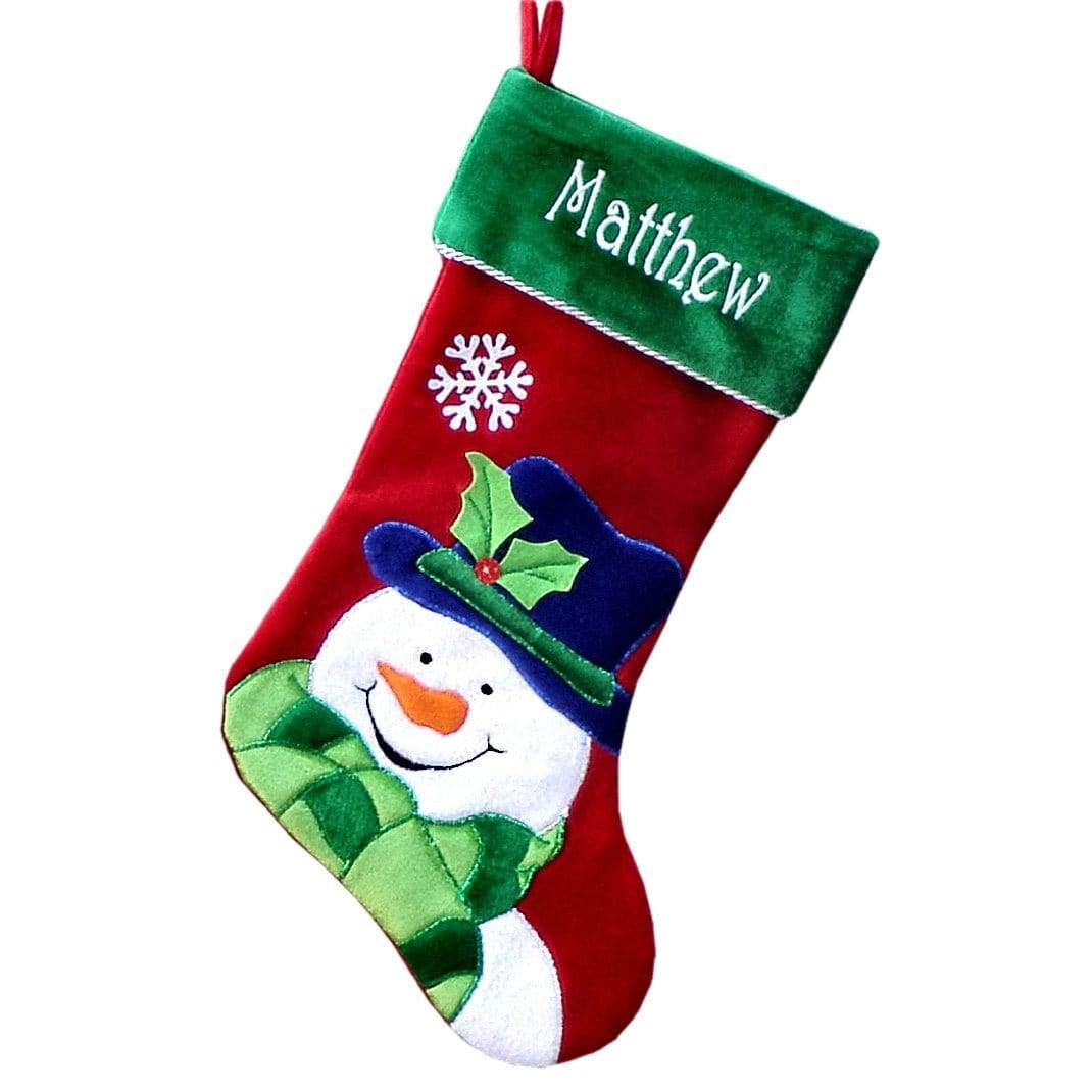 CHRISTMAS STOCKINGS Happy Snowman Embroidered Christmas Stockings - Santa Personalized, Monogram Name Personalized Stockings for Kids Festive Red White Green