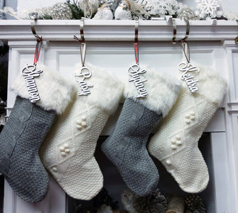 CHRISTMAS STOCKINGS Ivory 20 Inch Cable Knit Christmas Stockings with Faux Fur Cuff Personalized with Cutout Wood Name Tag Custom Family Holiday 2022