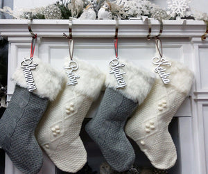 CHRISTMAS STOCKINGS Ivory 20 Inch Cable Knit Christmas Stockings with Faux Fur Cuff Personalized with Cutout Wood Name Tag Custom Family Holiday 2022