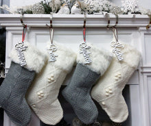 CHRISTMAS STOCKINGS Ivory 20 Inch Cable Knit Christmas Stockings with Faux Fur Cuff Personalized with Cutout Wood Name Tag Custom Family Holiday 2022