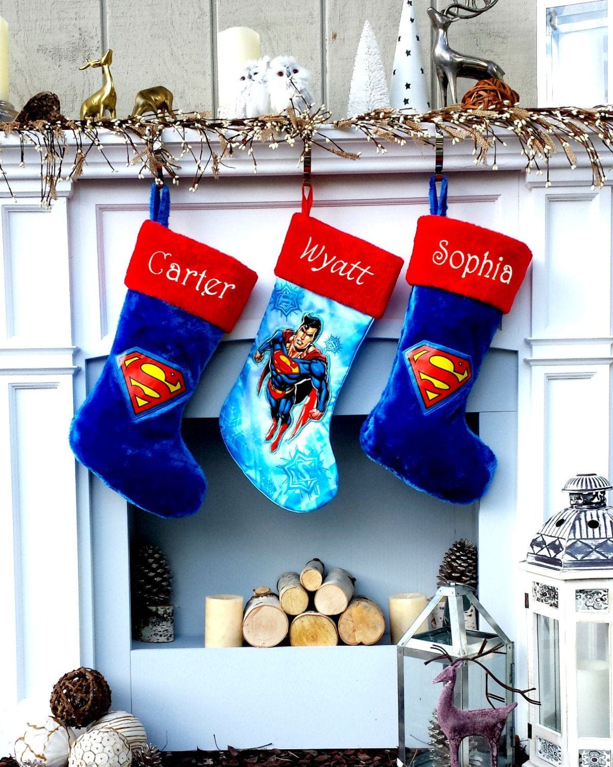 CHRISTMAS STOCKINGS Kids SuperMan Christmas Stocking  Personalized Children's Embroidered Holiday for Boys Personalized - Officially Licensed Super Man