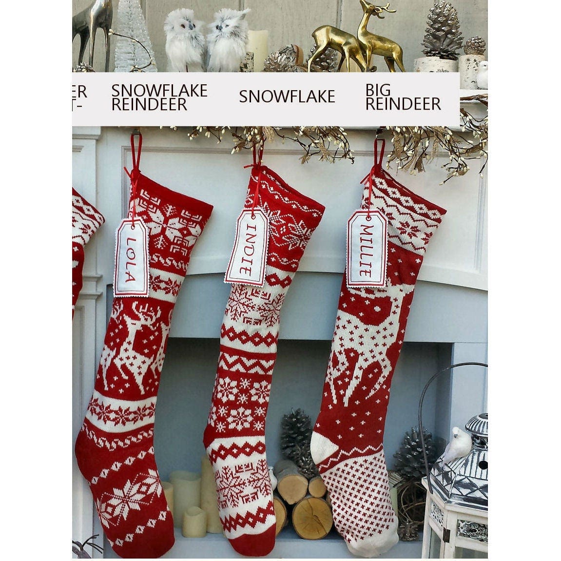 CHRISTMAS STOCKINGS Knit Christmas Stockings - Red White - Reindeer or Snowflake Design Scandinavian Nordic Modern Holiday Theme Minimalist Look Custom  Long
