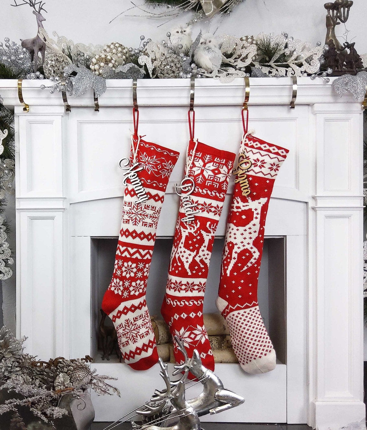 CHRISTMAS STOCKINGS Knit Christmas Stockings - Red White - Reindeer or Snowflake Design Scandinavian Nordic Modern Holiday Theme Minimalist Look Custom  Long