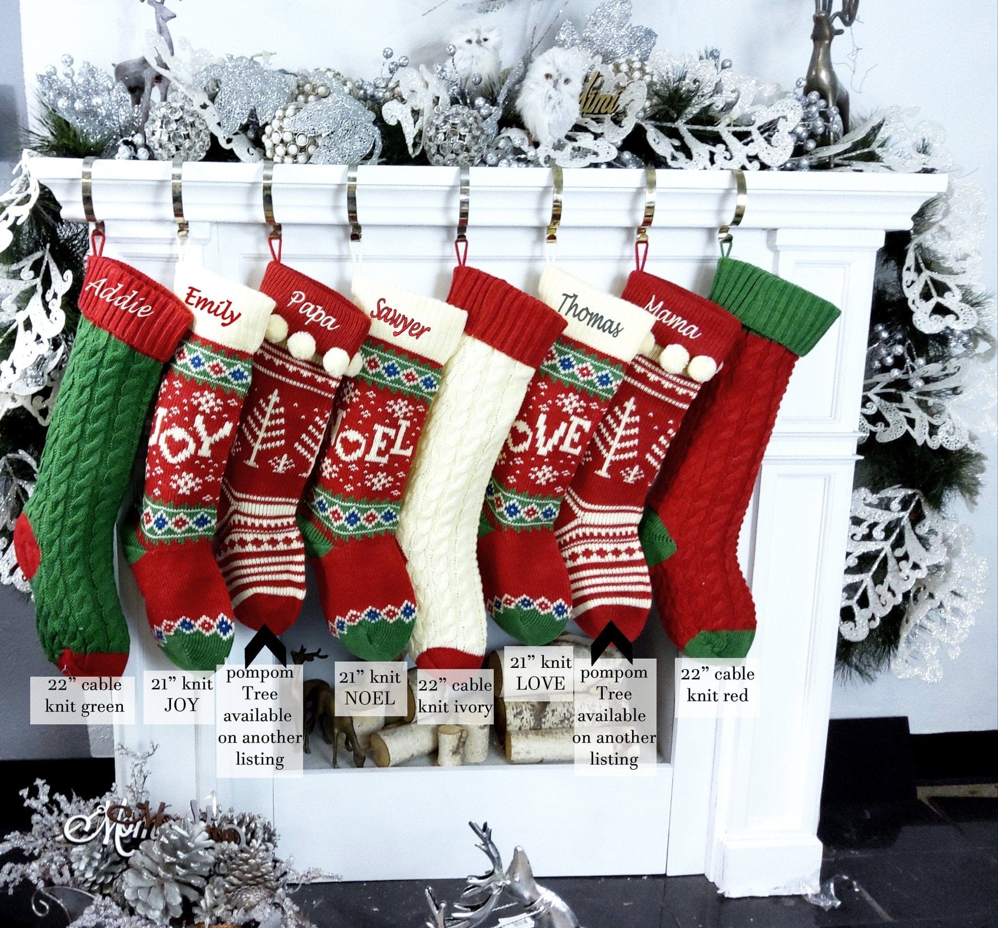 CHRISTMAS STOCKINGS Knitted Christmas Stockings Red Ivory Green Cable Knit Family with Pets Cat Mouse Dog Bone  JOY LOVE NOEL Personalize Embroider Family Xmas