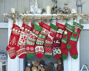 CHRISTMAS STOCKINGS Knitted Christmas Stockings Red IVORY Green Fun Snowflake Family with Pets Cat Mouse Meow and Dog Bone Woof Knit Personalized Embroidered