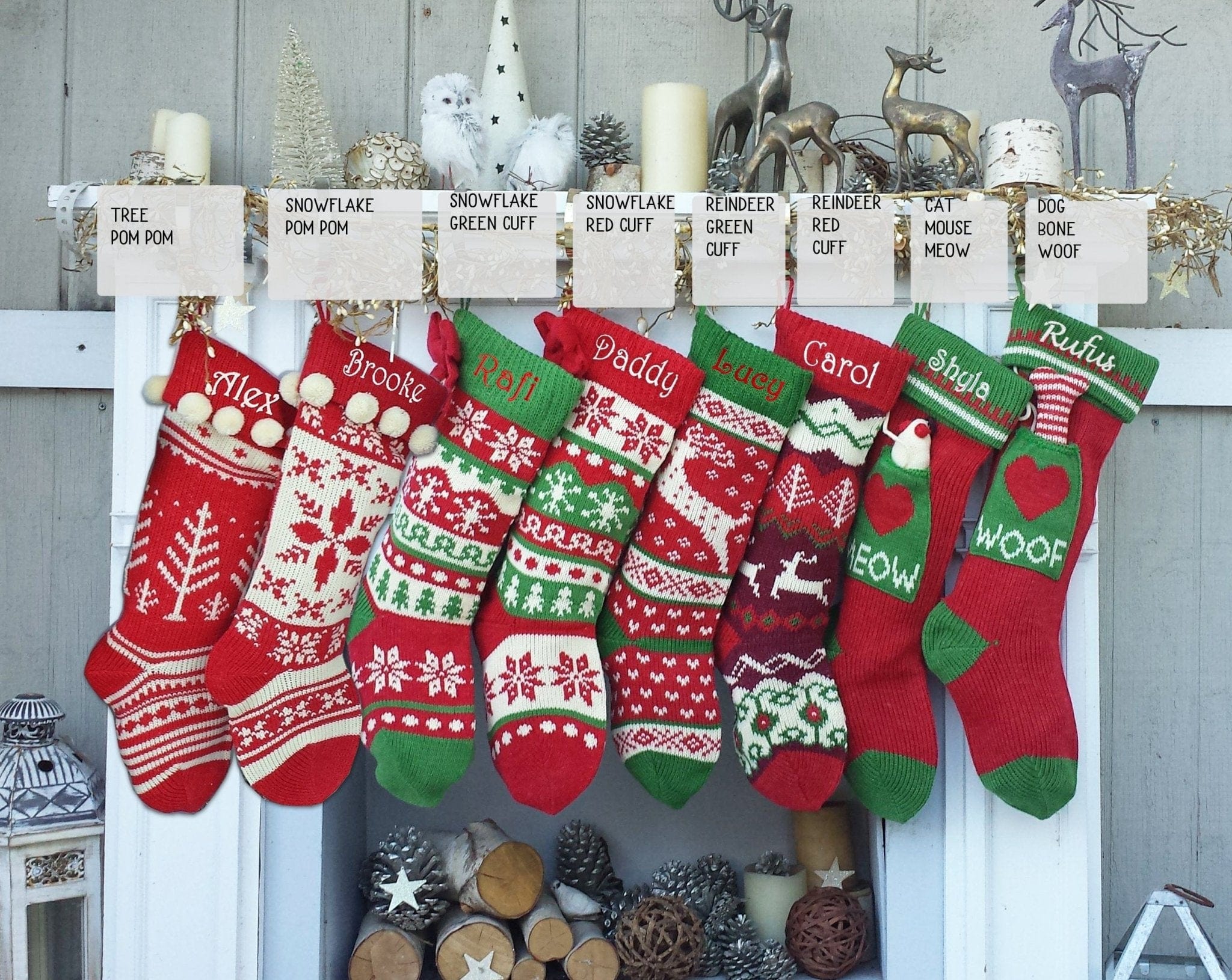 CHRISTMAS STOCKINGS Knitted Christmas Stockings Red IVORY Green Fun Snowflake Family with Pets Cat Mouse Meow and Dog Bone Woof Knit Personalized Embroidered