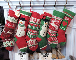 CHRISTMAS STOCKINGS Knitted Christmas Stockings Red IVORY Green Fun Snowflake Family with Pets Cat Mouse Meow and Dog Bone Woof Knit Personalized Embroidered