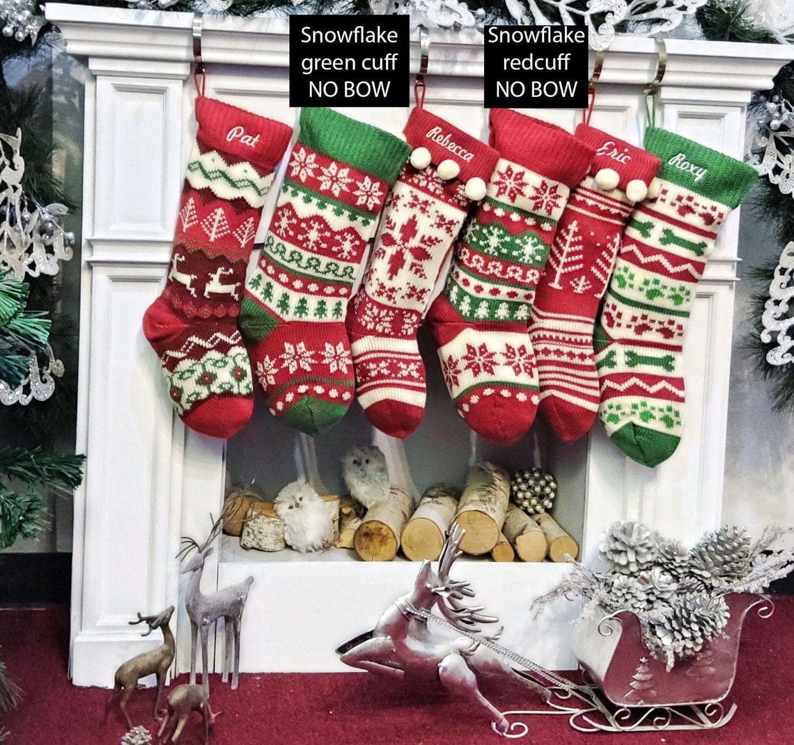 CHRISTMAS STOCKINGS Knitted Christmas Stockings Red IVORY Green Fun Snowflake Family with Pets Cat Mouse Meow and Dog Bone Woof Knit Personalized Embroidered
