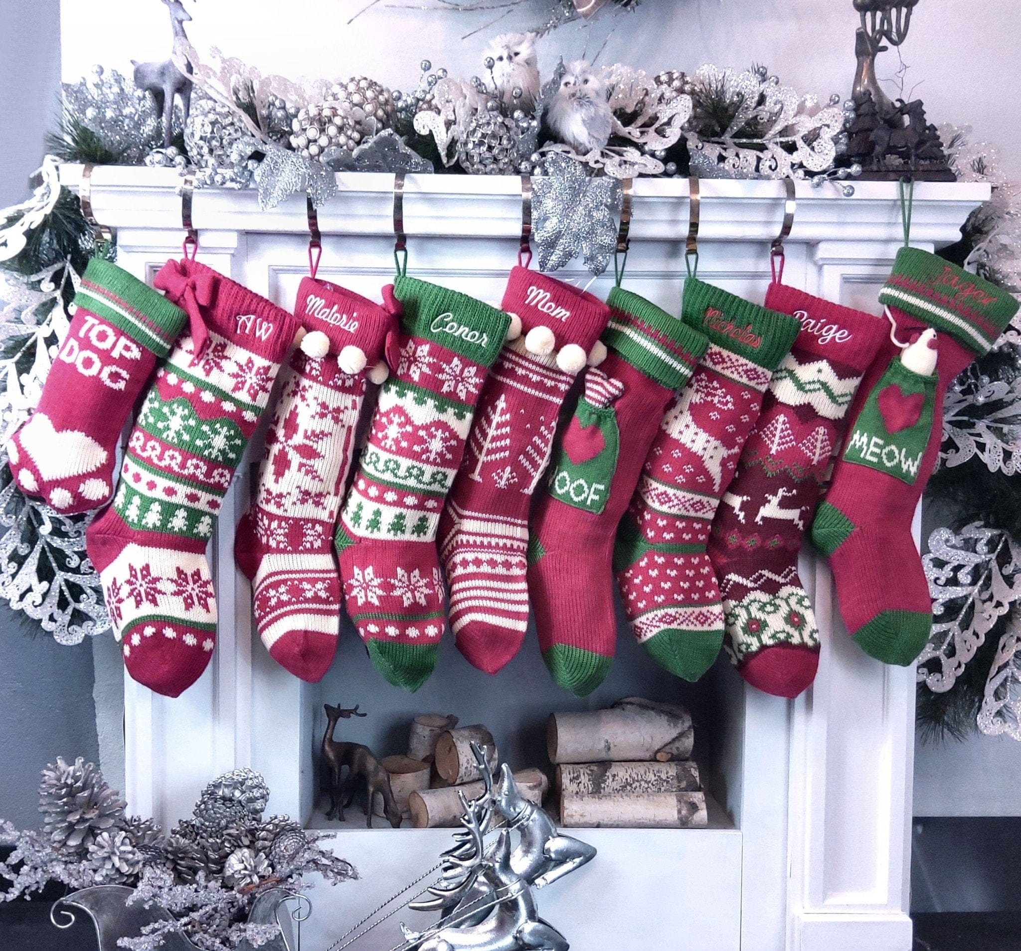 CHRISTMAS STOCKINGS Knitted Christmas Stockings Red IVORY Green Fun Snowflake Family with Pets Cat Mouse Meow and Dog Bone Woof Knit Personalized Embroidered