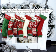CHRISTMAS STOCKINGS Knitted Christmas Stockings Red IVORY Green Fun Snowflake Family with Pets Cat Mouse Meow and Dog Bone Woof Knit Personalized Embroidered