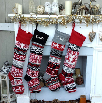 CHRISTMAS STOCKINGS Large Personalized Knitted Christmas Stockings Black Red Grey White Intarsia Fair Isle Nordic Modern Christmas Stocking Decor for Holidays