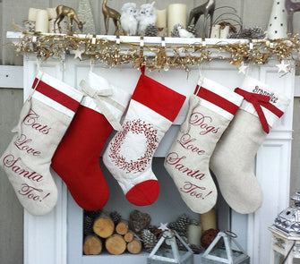 CHRISTMAS STOCKINGS Linen Christmas Stockings Dog Stocking Cat Rustic Chic Embroidered Personalized Holiday Modern Pet Paw Bone Fish Cuff Designer Names