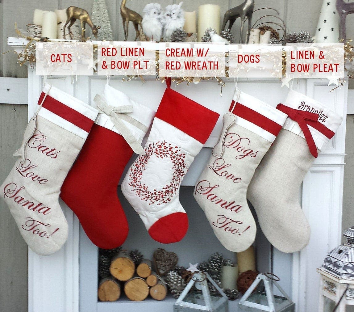 CHRISTMAS STOCKINGS Linen Christmas Stockings Dog Stocking Cat Rustic Chic Embroidered Personalized Holiday Modern Pet Paw Bone Fish Cuff Designer Names