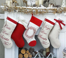 CHRISTMAS STOCKINGS Linen Christmas Stockings Dog Stocking Cat Rustic Chic Embroidered Personalized Holiday Modern Pet with Bow and Pleat Cuff Designer Names