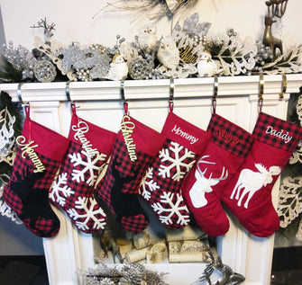 CHRISTMAS STOCKINGS Modern Buffalo Check Plaid Red White Black Personalized Christmas Stockings Buck Deer Moose Snowflake Family Xmas 2020