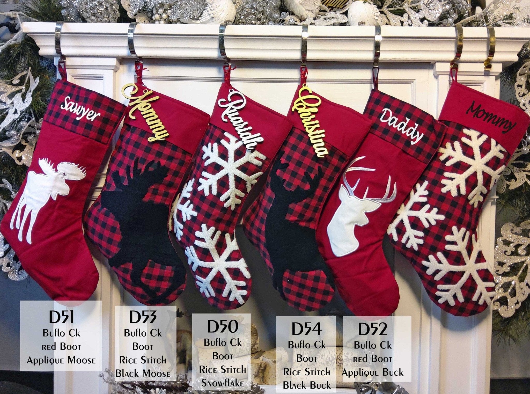 CHRISTMAS STOCKINGS Modern Buffalo Check Plaid Red White Black Personalized Christmas Stockings Buck Deer Moose Snowflake Family Xmas 2020