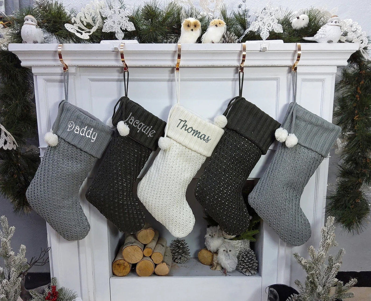 CHRISTMAS STOCKINGS Modern Cable Knit Christmas Stockings Smoky, Ivory, Grey Personalized with Cutout Wood Name Tag Custom Xmas 2022 Stocking Decor