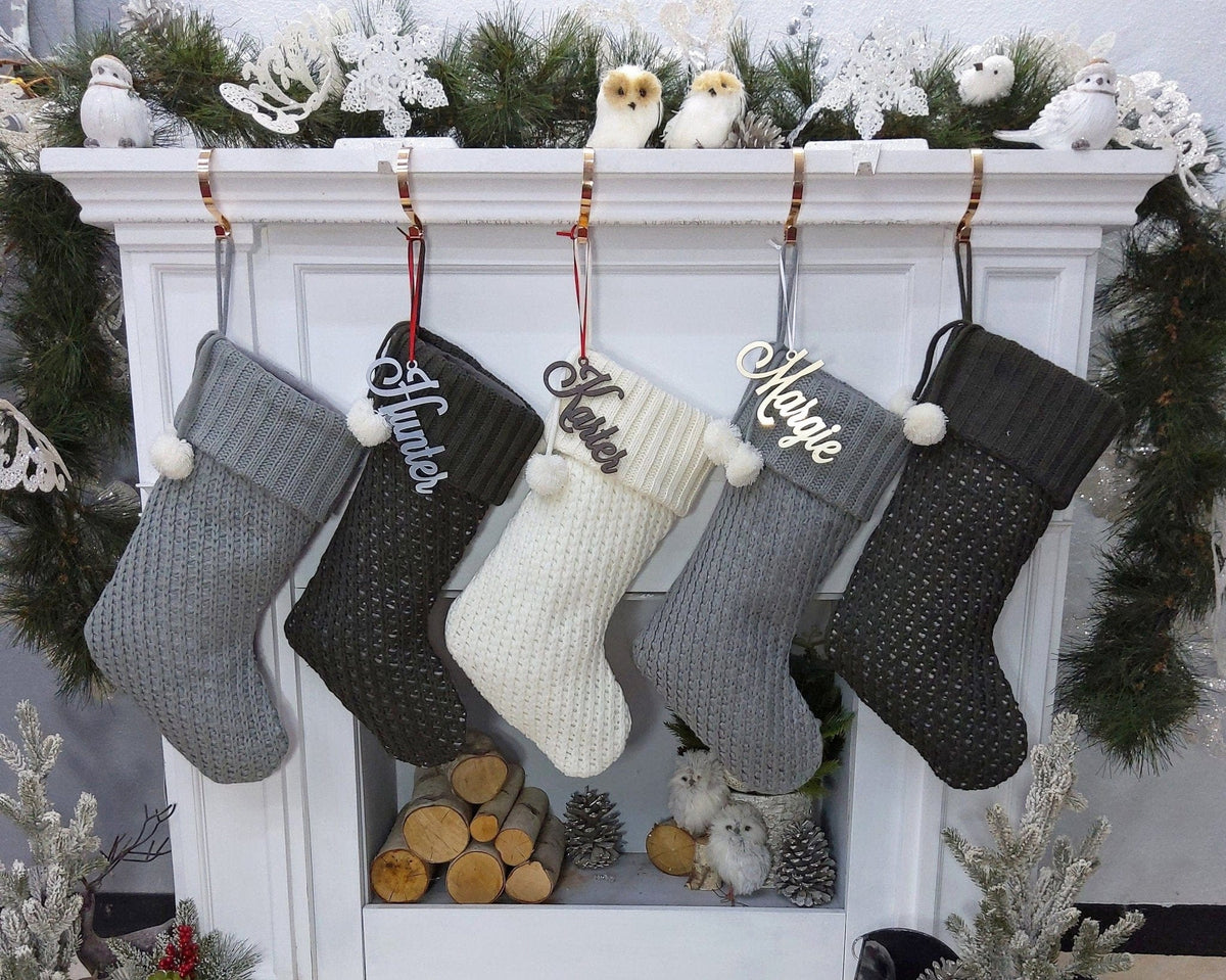 CHRISTMAS STOCKINGS Modern Cable Knit Christmas Stockings Smoky, Ivory, Grey Personalized with Cutout Wood Name Tag Custom Xmas 2022 Stocking Decor
