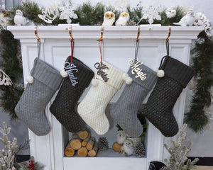 CHRISTMAS STOCKINGS Modern Cable Knit Christmas Stockings Smoky, Ivory, Grey Personalized with Cutout Wood Name Tag Custom Xmas 2022 Stocking Decor