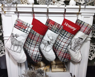CHRISTMAS STOCKINGS Modern Plaid Woodland Christmas Stockings Personalized with Embroidery or Wooden Tags