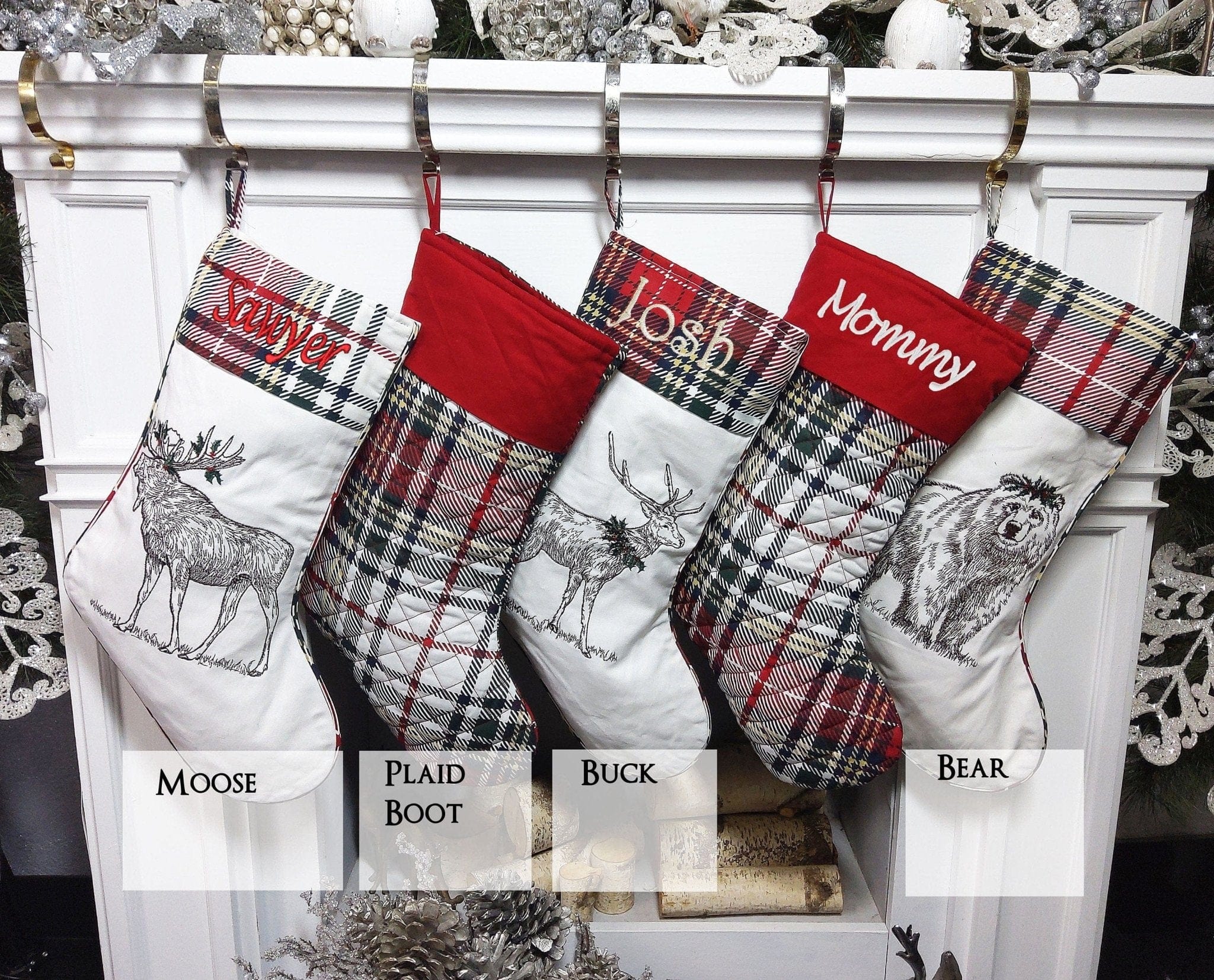 CHRISTMAS STOCKINGS Modern Plaid Woodland Christmas Stockings Personalized with Embroidery or Wooden Tags