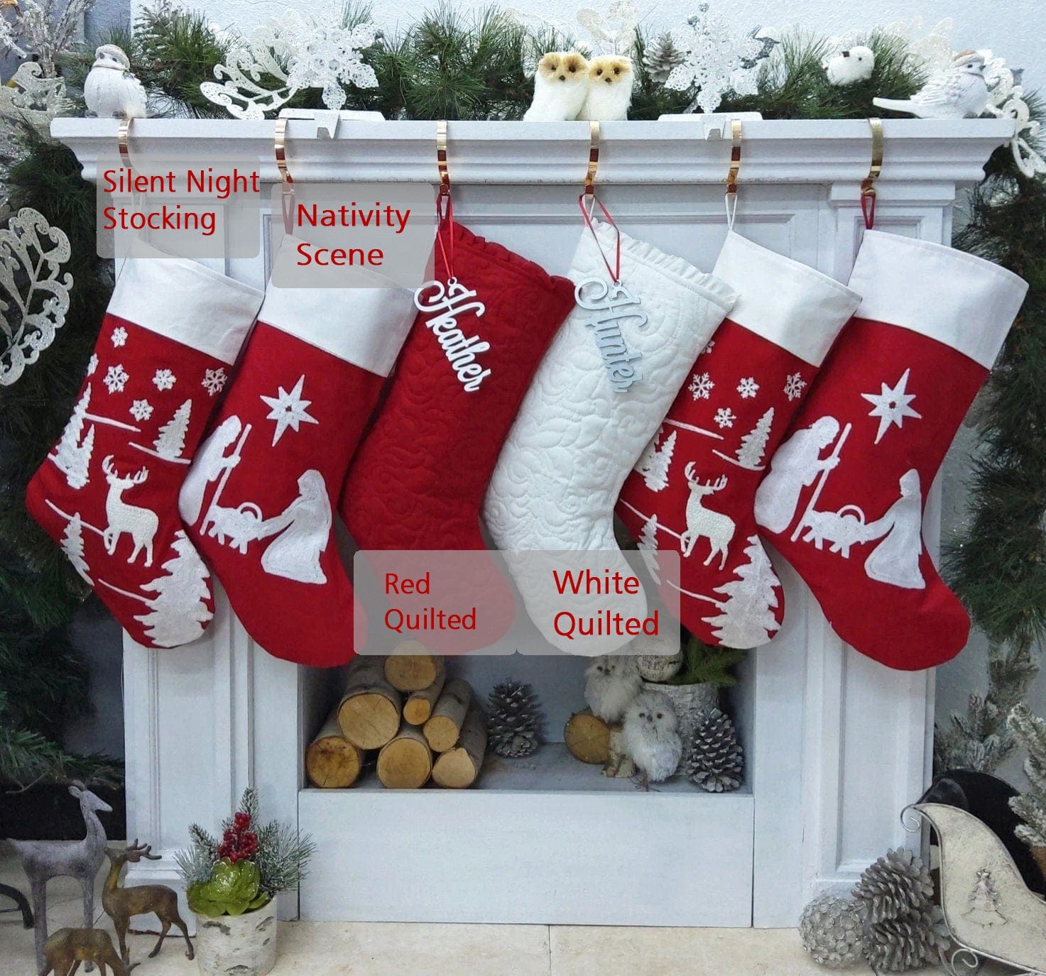 CHRISTMAS STOCKINGS Nativity Christmas Stocking Red and White Silent Night Deer Ruffle and Chain Stitched Stockings Embroidered or with Cutout Wood Name Tag Christmas Stockings