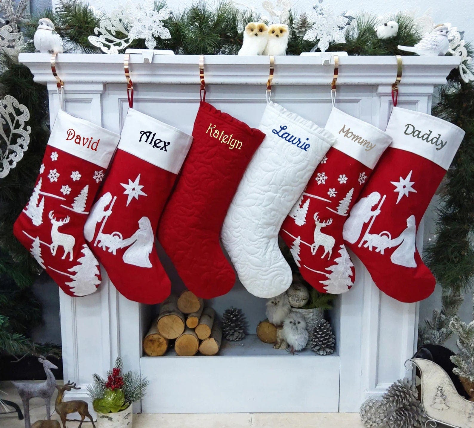 CHRISTMAS STOCKINGS Nativity Christmas Stocking Red and White Silent Night Deer Ruffle and Chain Stitched Stockings Embroidered or with Cutout Wood Name Tag Christmas Stockings
