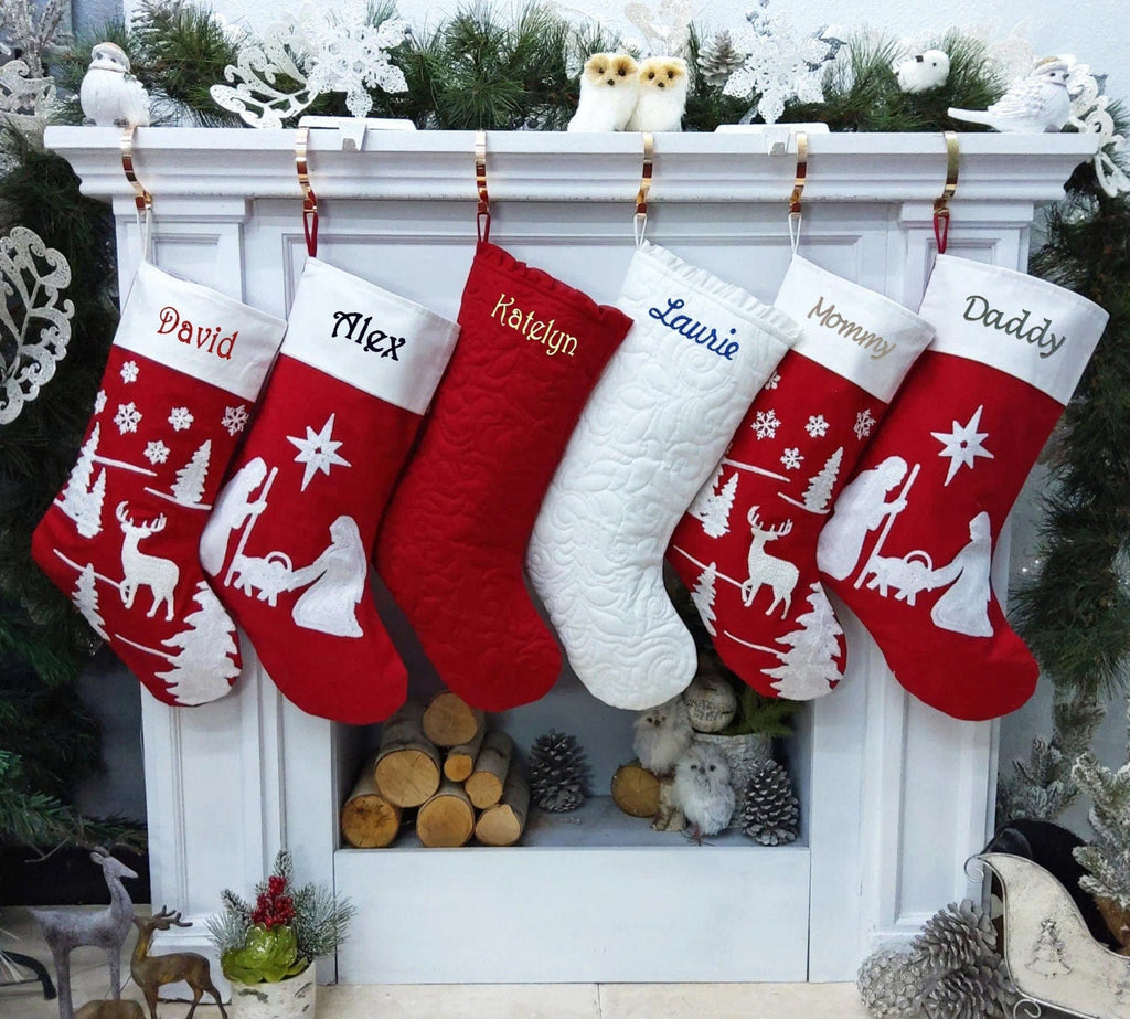 Nativity Christmas Stocking Red and White Silent Night Deer Ruffle and ...