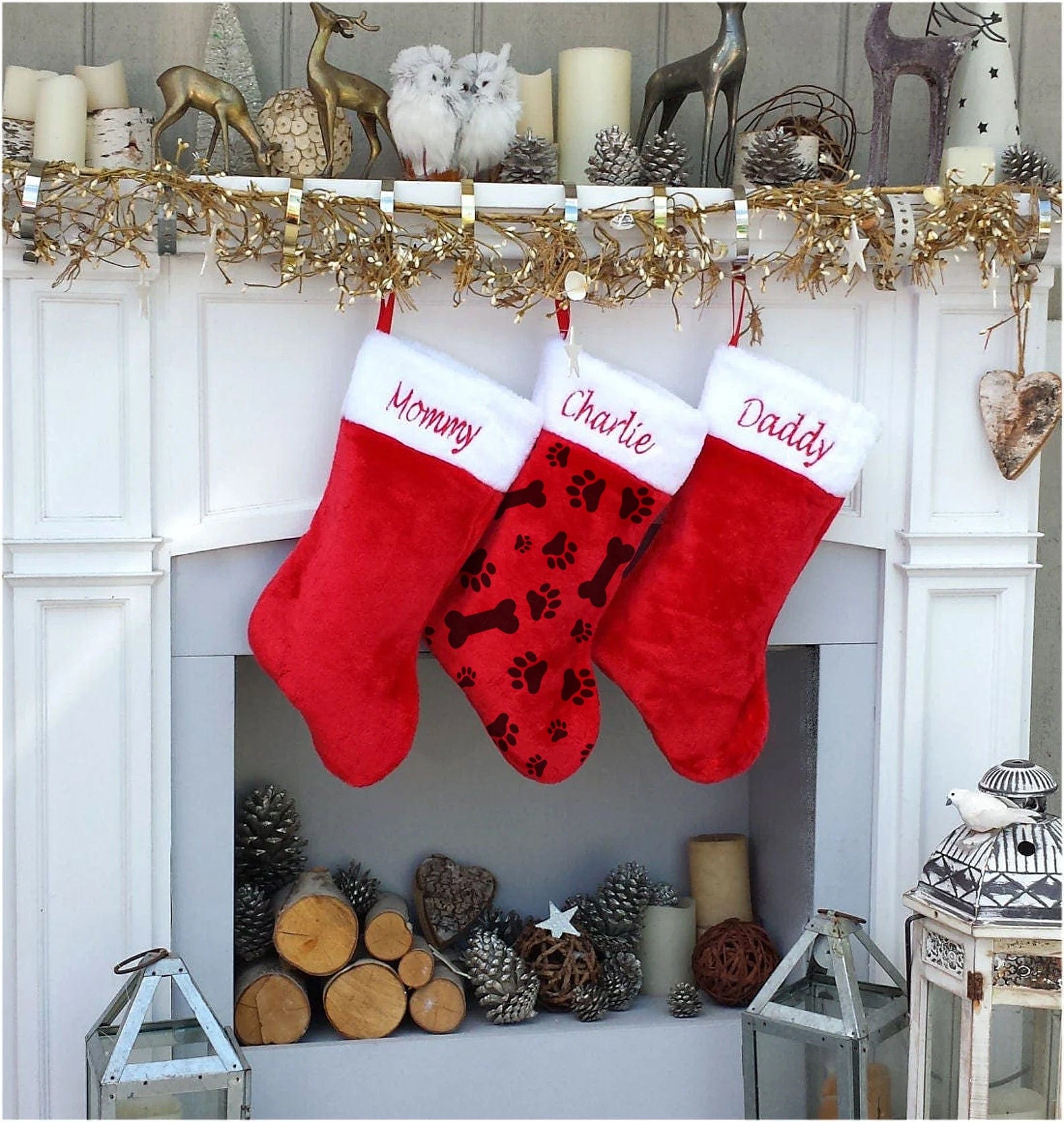 CHRISTMAS STOCKINGS Paws and Bones Red white plush embroidered Christmas stocking - Personalized Embroidered Family Kids Dog Cat Pet Paw Stockings - traditional red and white Christmas Stockings