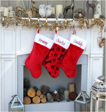 CHRISTMAS STOCKINGS Paws and Bones Red white plush embroidered Christmas stocking - Personalized Embroidered Family Kids Dog Cat Pet Paw Stockings - traditional red and white Christmas Stockings