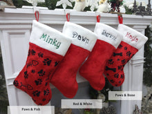 CHRISTMAS STOCKINGS Paws and Fish Red white plush embroidered Christmas stocking - Personalized Embroidered Family Kids Dog Cat Pet Paw Stockings - traditional red and white Christmas Stockings