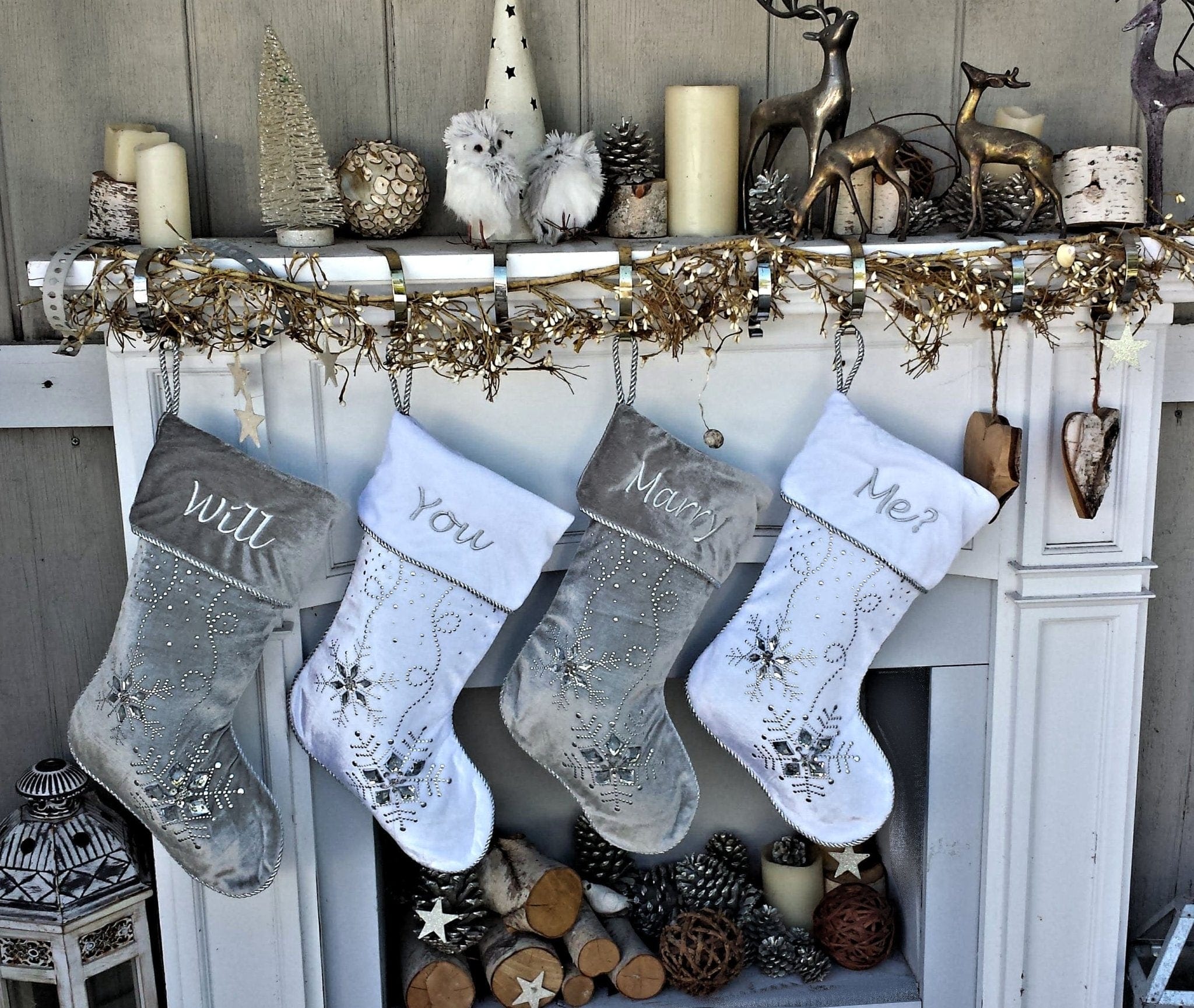 CHRISTMAS STOCKINGS Personalized Christmas Stockings - Silver White Velvet 20" with ICE crystal gems Christmas Stocking Embroidered with Names Velvet Stockings