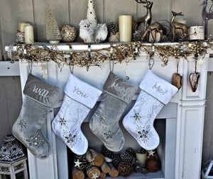 CHRISTMAS STOCKINGS Personalized Christmas Stockings - Silver White Velvet 20" with ICE crystal gems Christmas Stocking Embroidered with Names Velvet Stockings