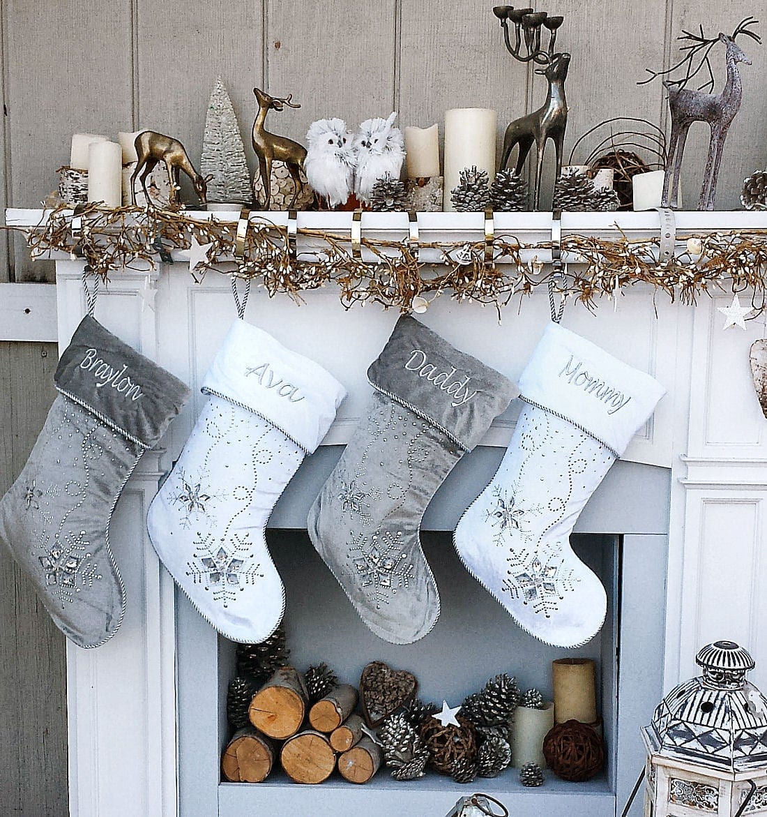CHRISTMAS STOCKINGS Personalized Christmas Stockings - Silver White Velvet 20" with ICE crystal gems Christmas Stocking Embroidered with Names Velvet Stockings