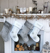 CHRISTMAS STOCKINGS Personalized Christmas Stockings - Silver White Velvet 20" with ICE crystal gems Christmas Stocking Embroidered with Names Velvet Stockings