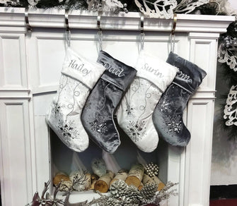 CHRISTMAS STOCKINGS Personalized Christmas Stockings - Silver White Velvet 20" with ICE crystal gems Christmas Stocking Embroidered with Names Velvet Stockings