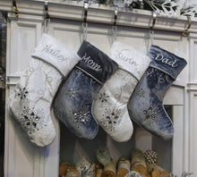 CHRISTMAS STOCKINGS Personalized Christmas Stockings - Silver White Velvet 20" with ICE crystal gems Christmas Stocking Embroidered with Names Velvet Stockings
