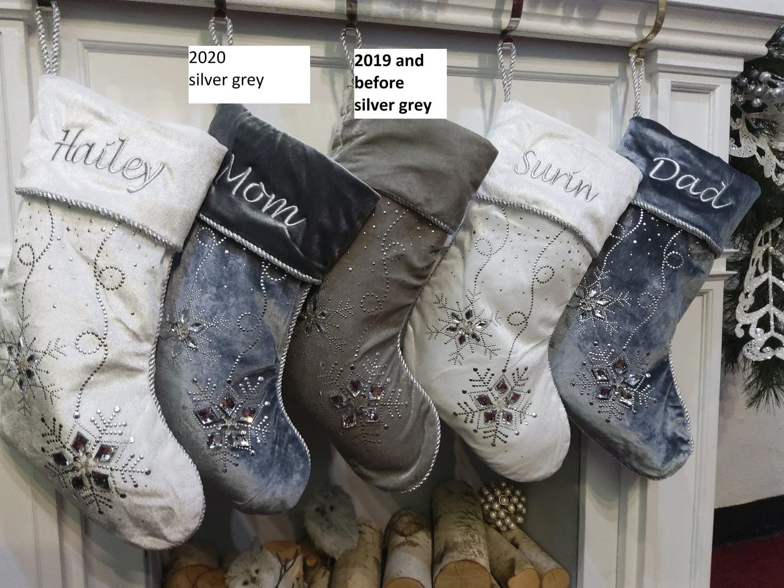 CHRISTMAS STOCKINGS Personalized Christmas Stockings - Silver White Velvet 20" with ICE crystal gems Christmas Stocking Embroidered with Names Velvet Stockings
