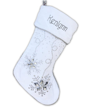 CHRISTMAS STOCKINGS Personalized Christmas Stockings - Silver White Velvet 20" with ICE crystal gems Christmas Stocking Embroidered with Names Velvet Stockings