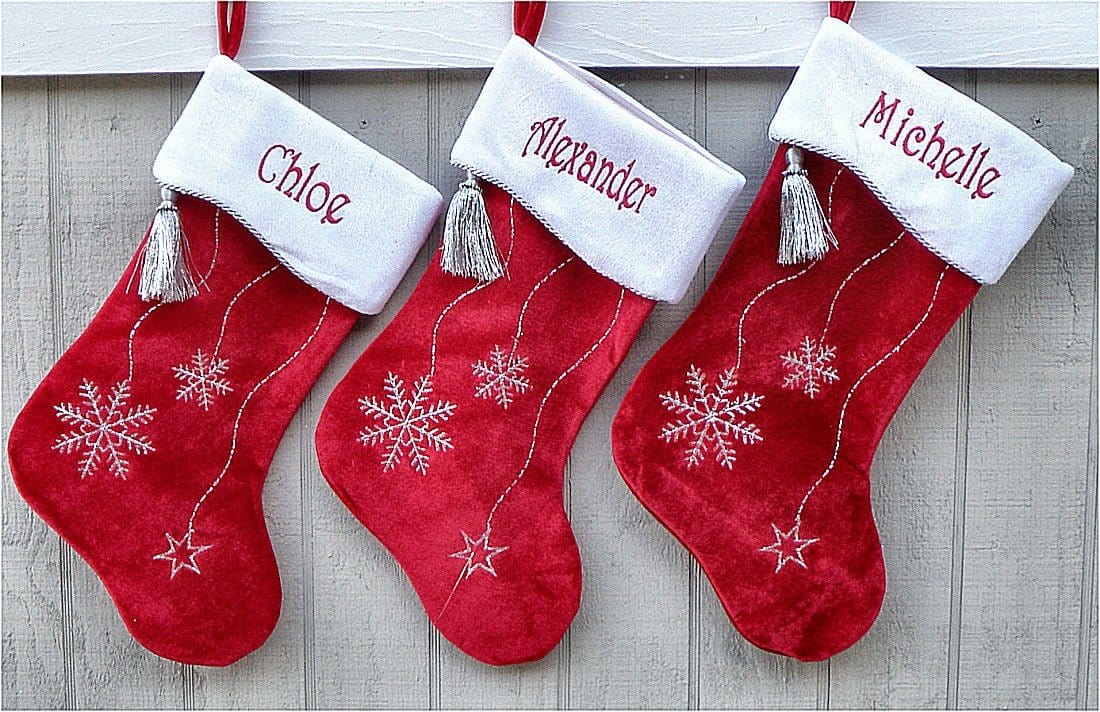 CHRISTMAS STOCKINGS Personalized Christmas Stockings Snowflake Bling Red White Silver Blue